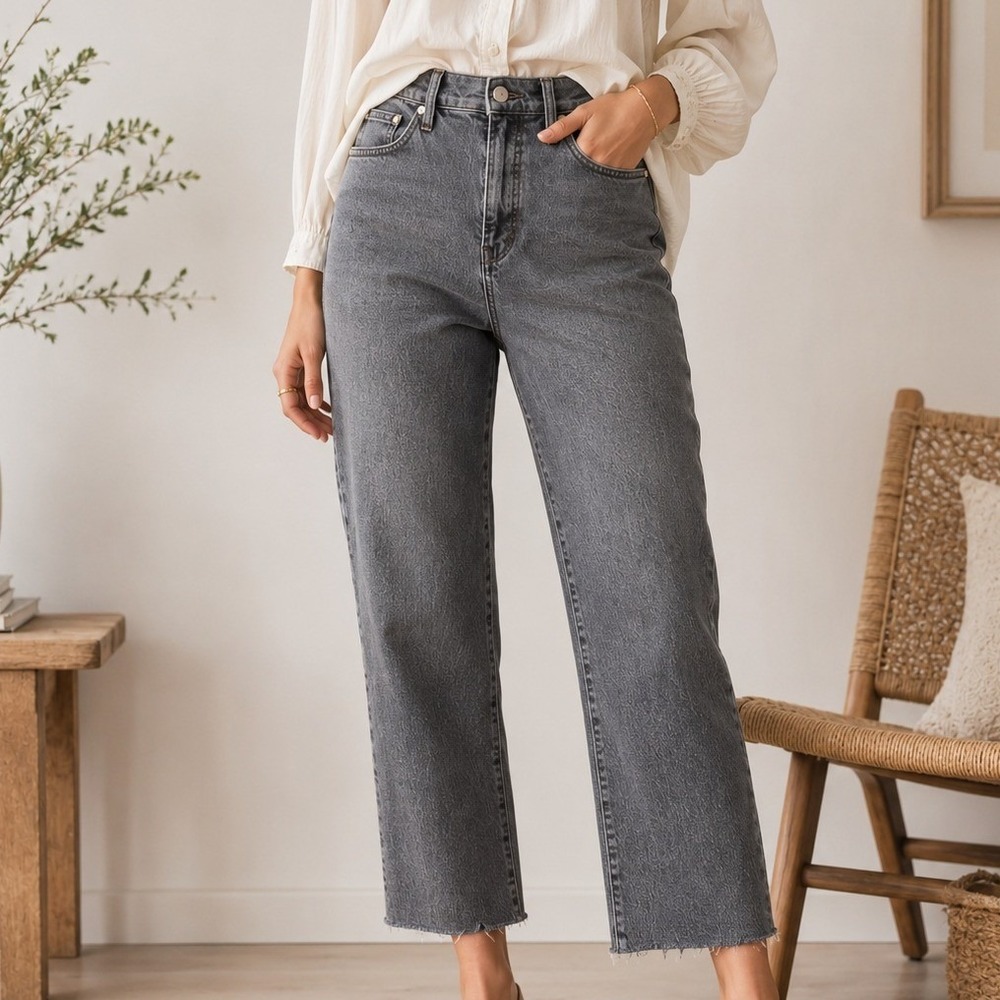 Madewell The Perfect Vintage Straight Jean Cropped Black Raw Hem Sz 32 High Rise